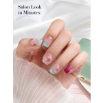 Gentle Pink‑Mint French 3D‑Floral Press‑On Nails, Short Square Handmade False Nails with Hand‑Painted Lotus Leaf, Pearls & Gold Beads